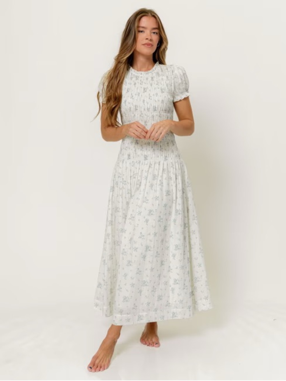 Worth Collective 100% Cotton Smocked Maxi Dress in White Floral, Maternity, M